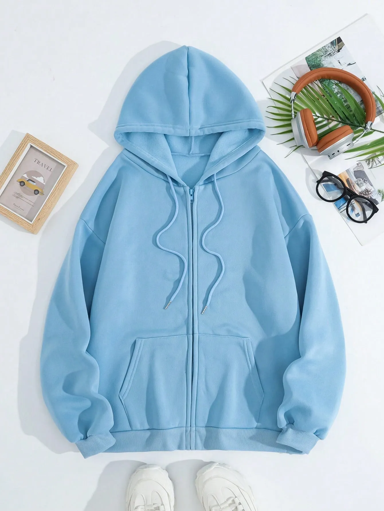 INAWLY Solid Drawstring Pocket Zip Up Thermal Lined Hoodie,Long Sleeve Tops