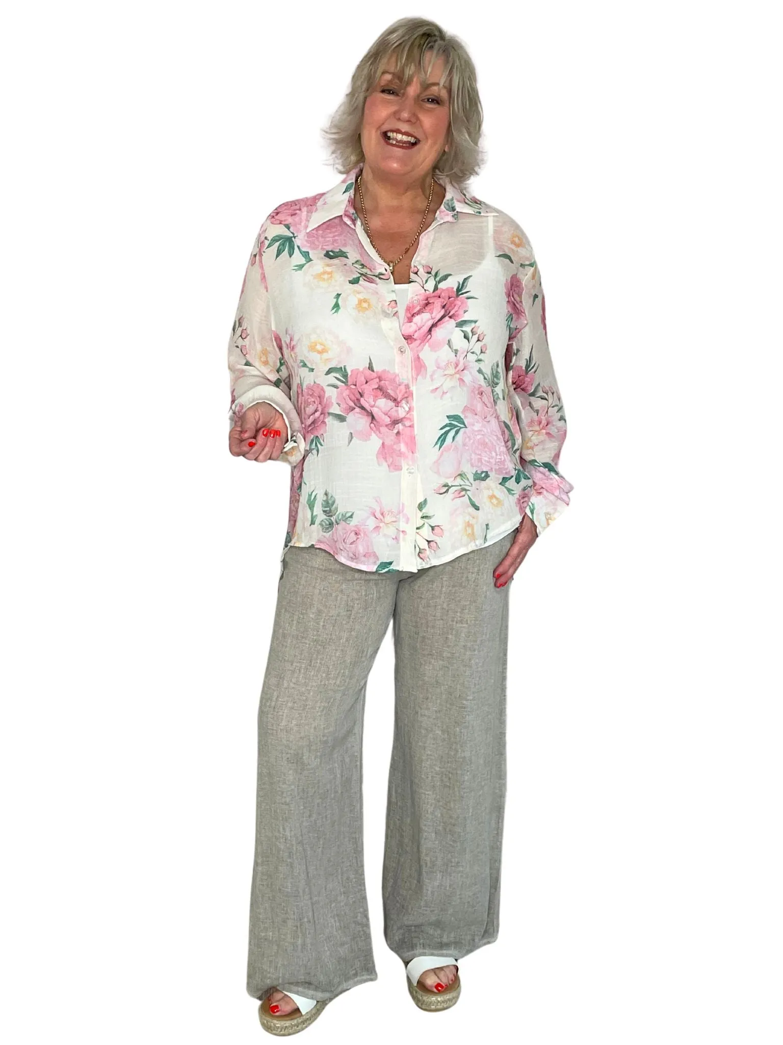 Inez Cotton/Linen Mix Textured, Wide Leg Trousers