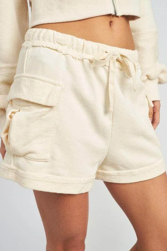 Ivory Cargo Pocket Shorts With Drawstring