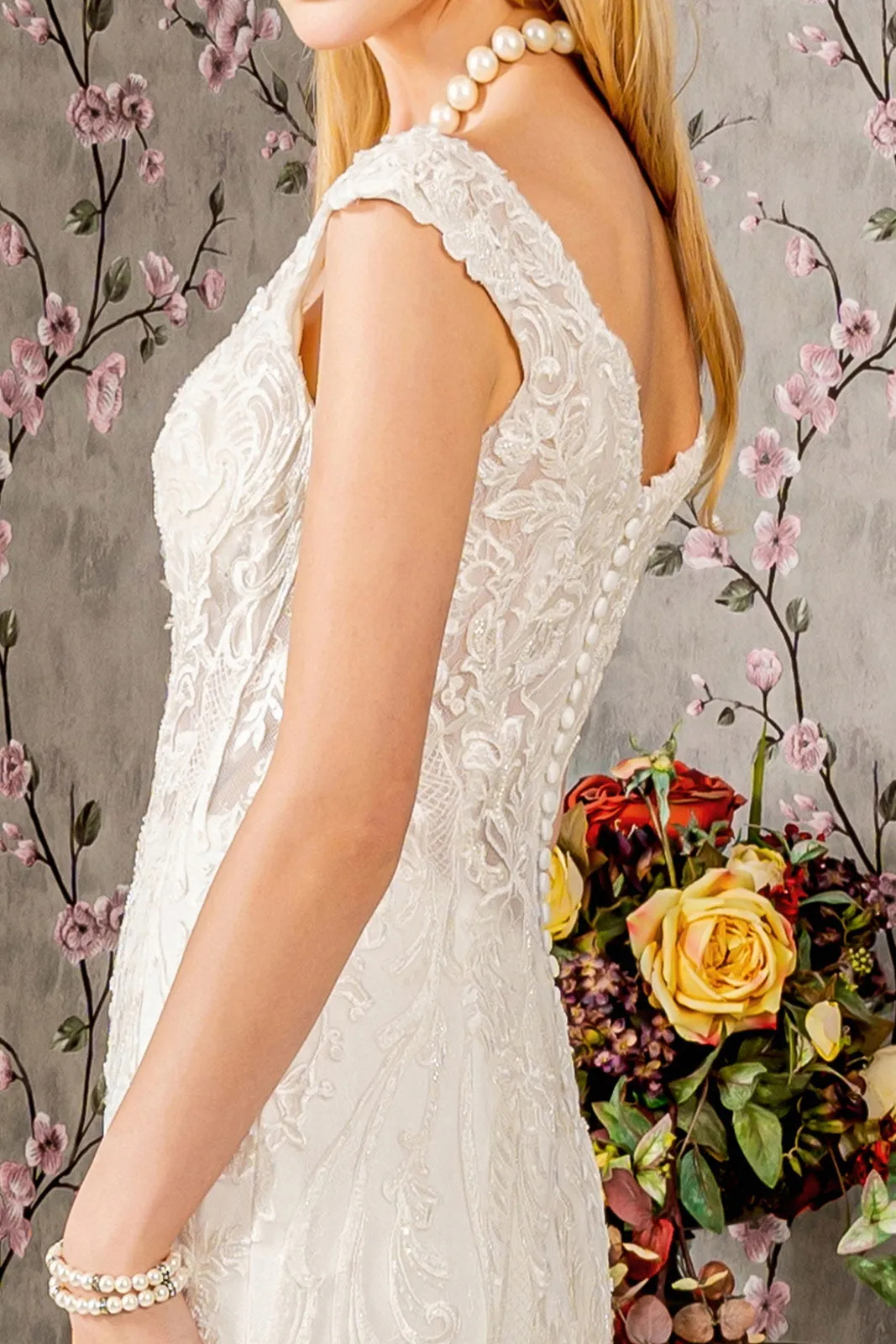 Jewel Embroidery Sheer Bodice Mesh Trumpet Wedding Gown GLGL3490