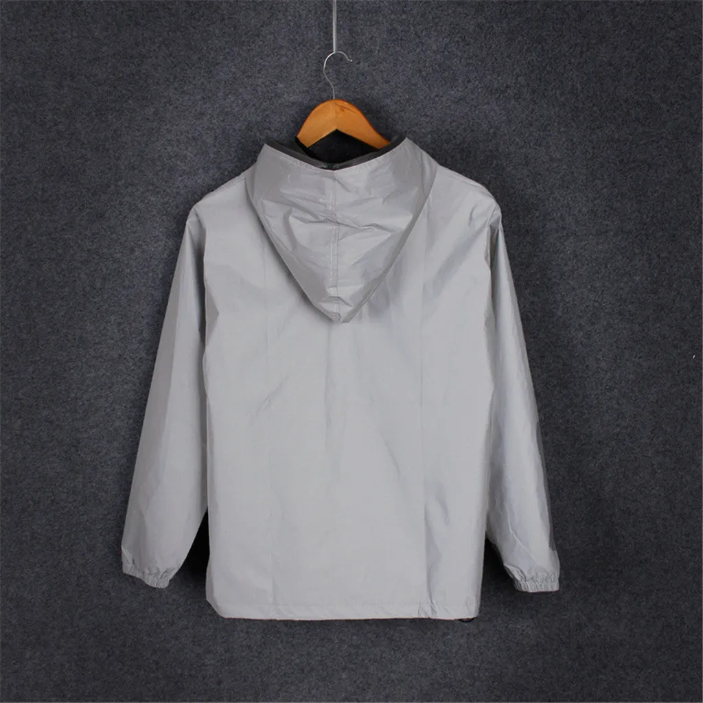 Long Sleeved Reflective Jacket Men Harajuku Windbreaker Jackets Hooded Hip-Hop Streetwear Night Shiny Zipper Coats