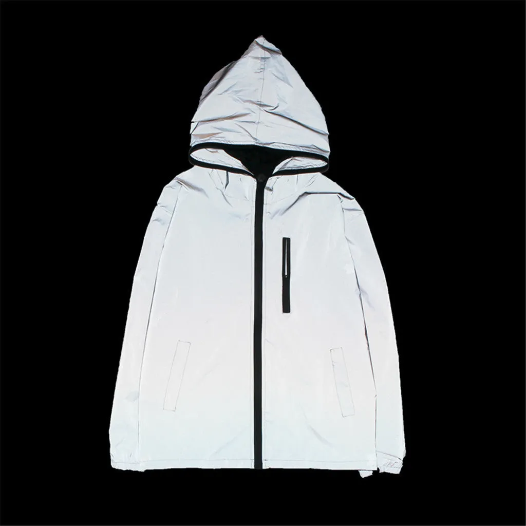 Long Sleeved Reflective Jacket Men Harajuku Windbreaker Jackets Hooded Hip-Hop Streetwear Night Shiny Zipper Coats