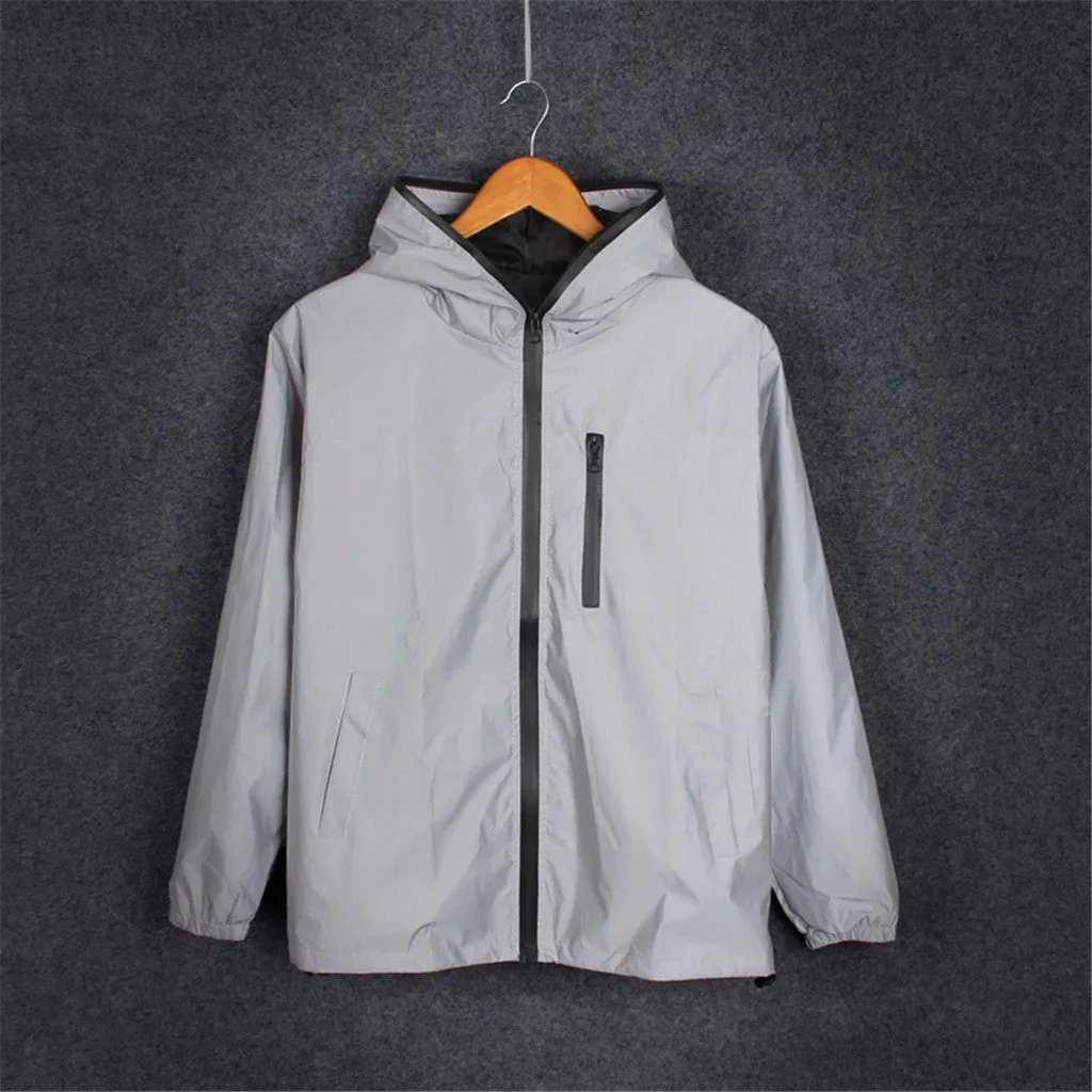 Long Sleeved Reflective Jacket Men Harajuku Windbreaker Jackets Hooded Hip-Hop Streetwear Night Shiny Zipper Coats