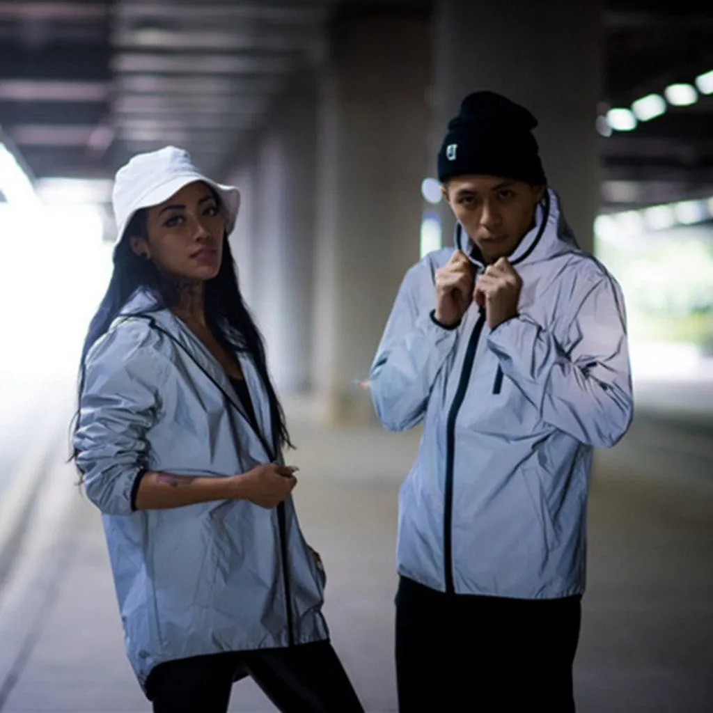Long Sleeved Reflective Jacket Men Harajuku Windbreaker Jackets Hooded Hip-Hop Streetwear Night Shiny Zipper Coats