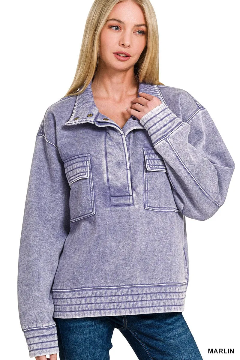 Marlin Blue Acid Wash Half Snap Button Front Fleece Sweatshirt