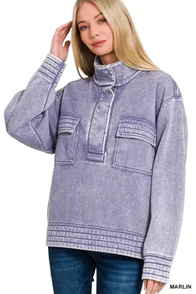 Marlin Blue Acid Wash Half Snap Button Front Fleece Sweatshirt
