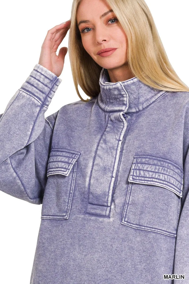 Marlin Blue Acid Wash Half Snap Button Front Fleece Sweatshirt