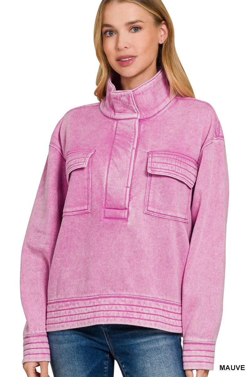 Mauve Acid Wash Half Snap Button Front Fleece Sweatshirt