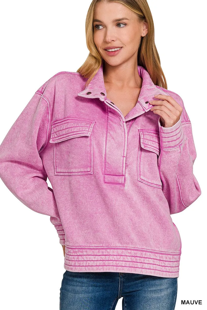 Mauve Acid Wash Half Snap Button Front Fleece Sweatshirt