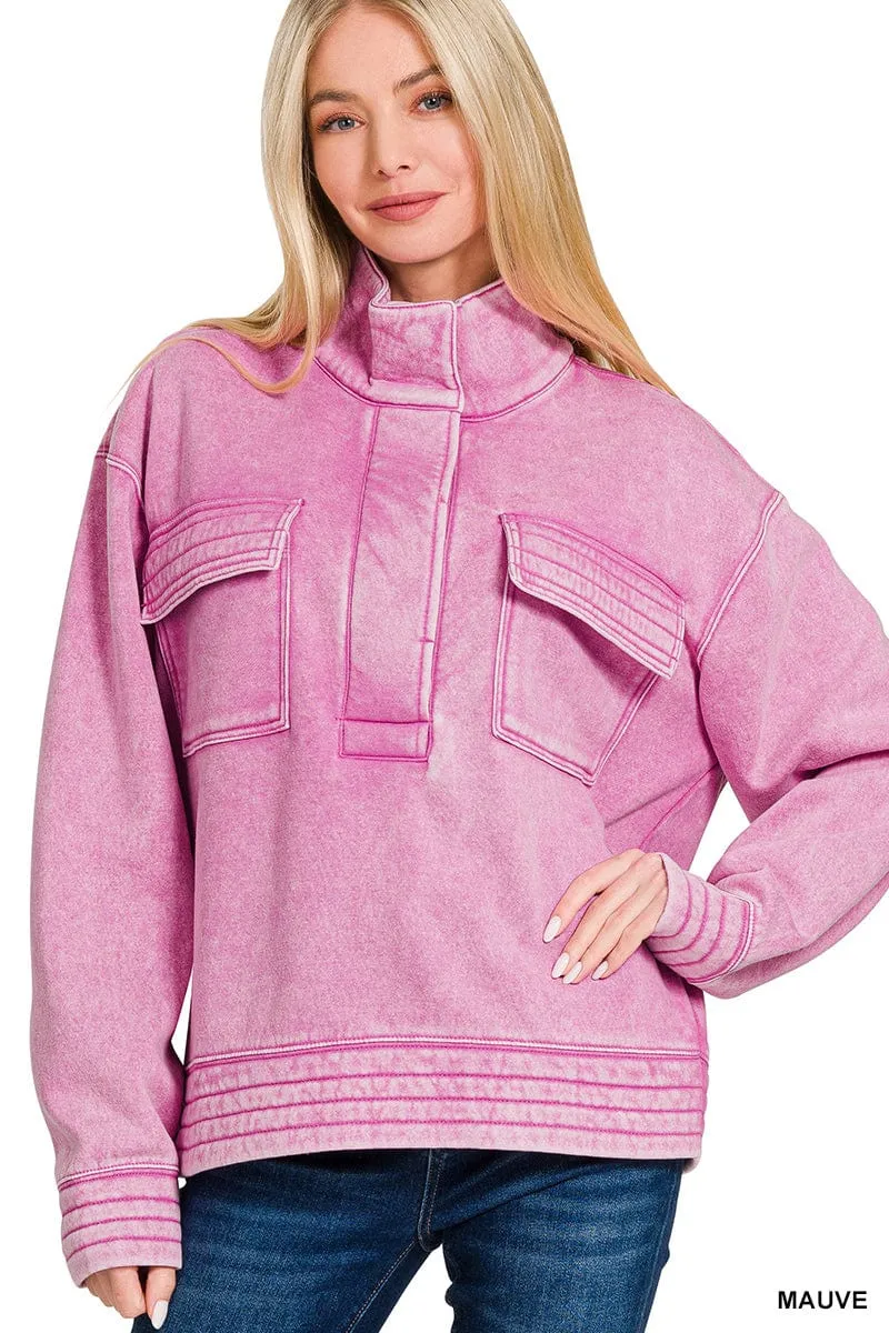 Mauve Acid Wash Half Snap Button Front Fleece Sweatshirt