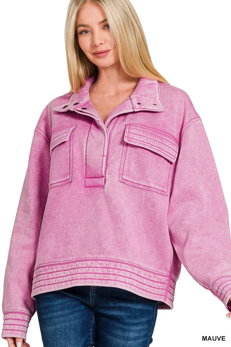 Mauve Acid Wash Half Snap Button Front Fleece Sweatshirt
