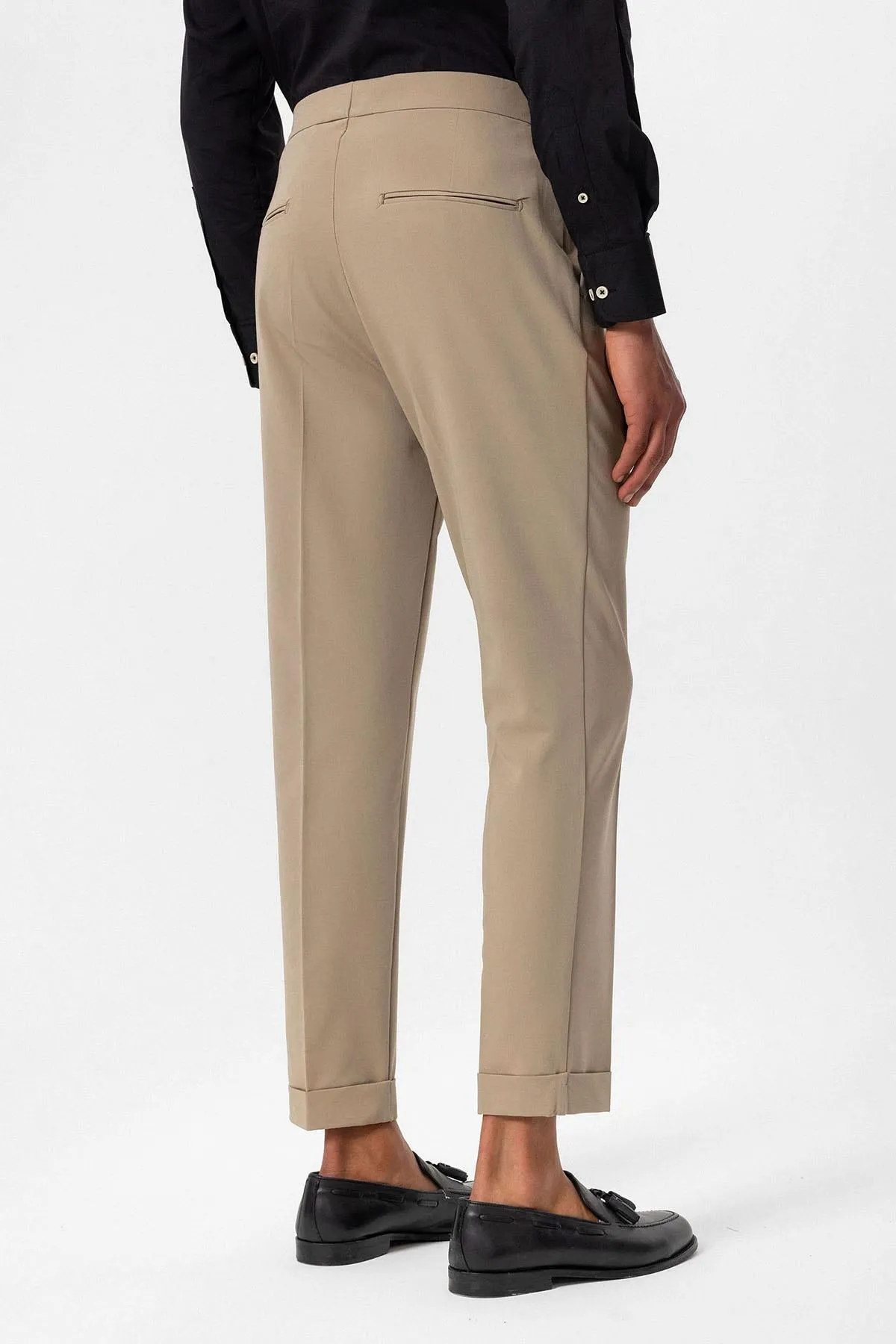Men's Beige High-Waisted Belted Pleated  Pants - Wessi