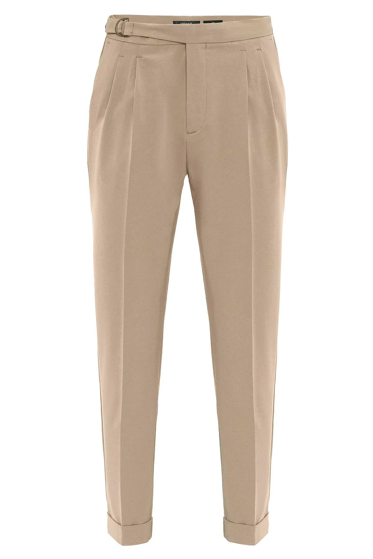 Men's Beige High-Waisted Belted Pleated  Pants - Wessi
