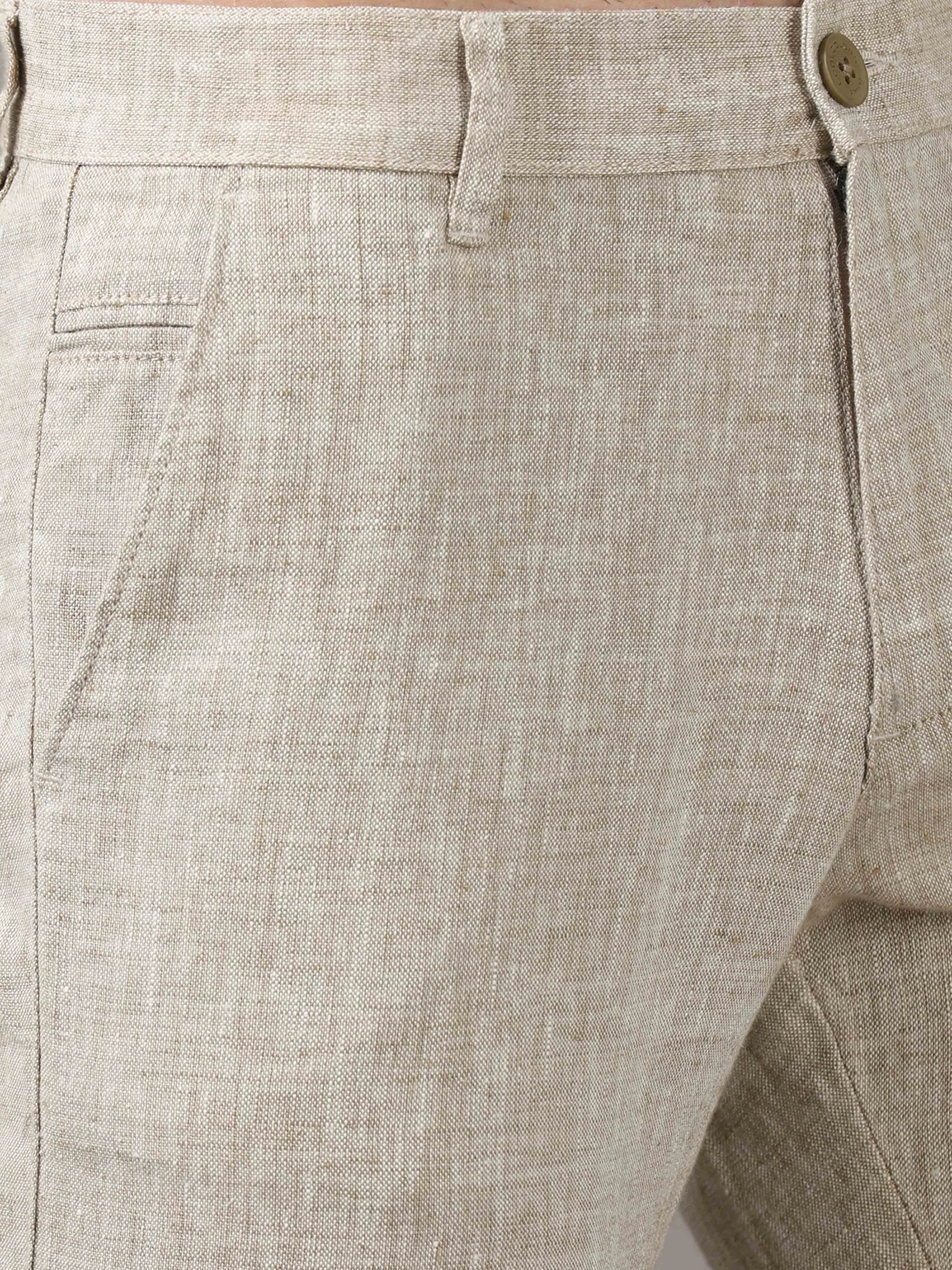 Men's Beige Narrow Fit Linen Solid Casual Trousers