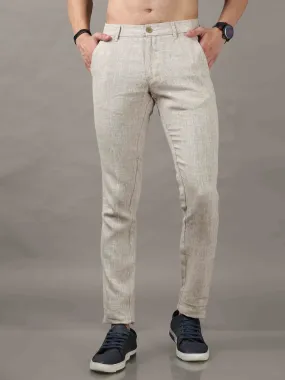Men's Beige Narrow Fit Linen Solid Casual Trousers
