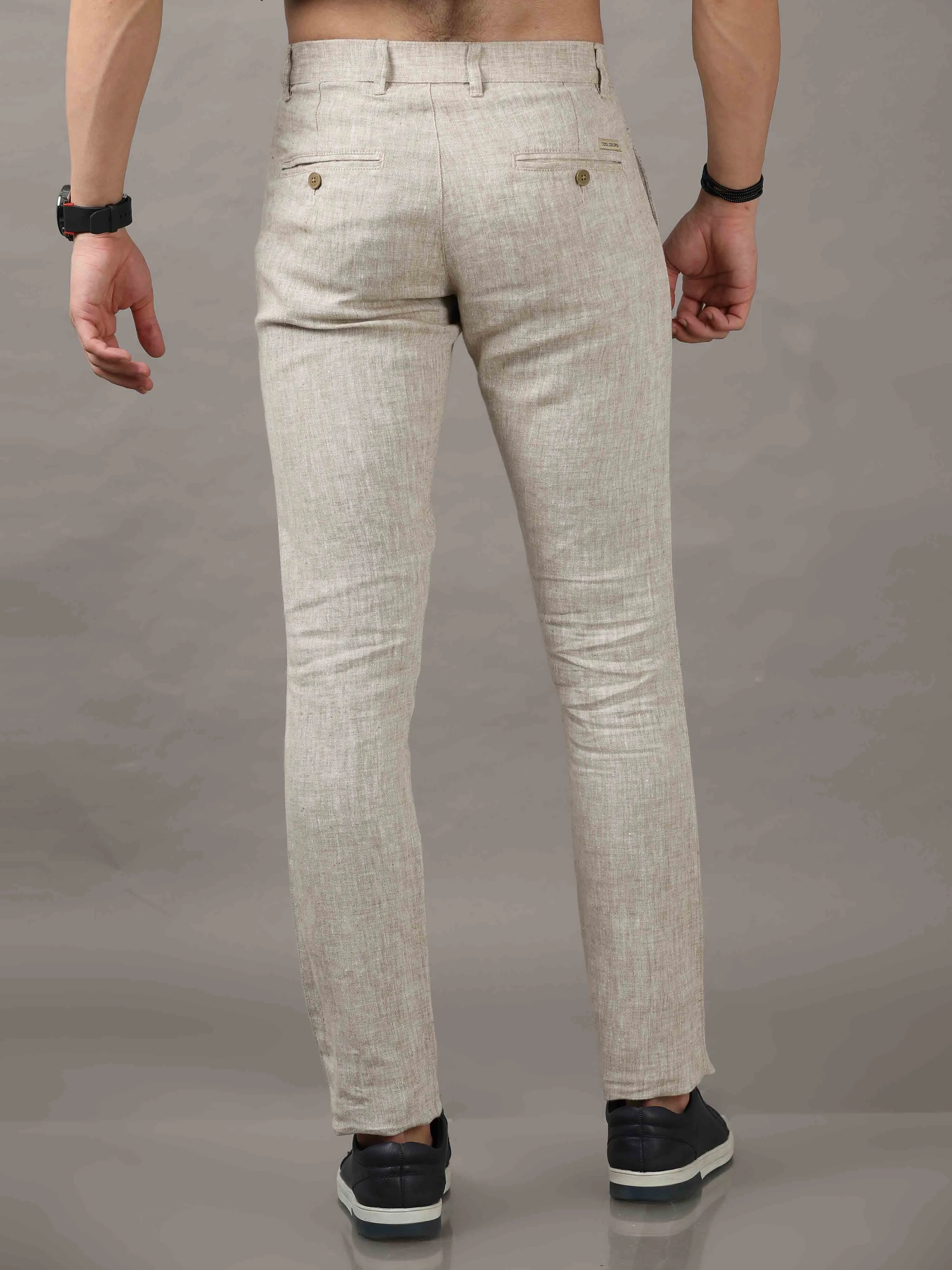 Men's Beige Narrow Fit Linen Solid Casual Trousers
