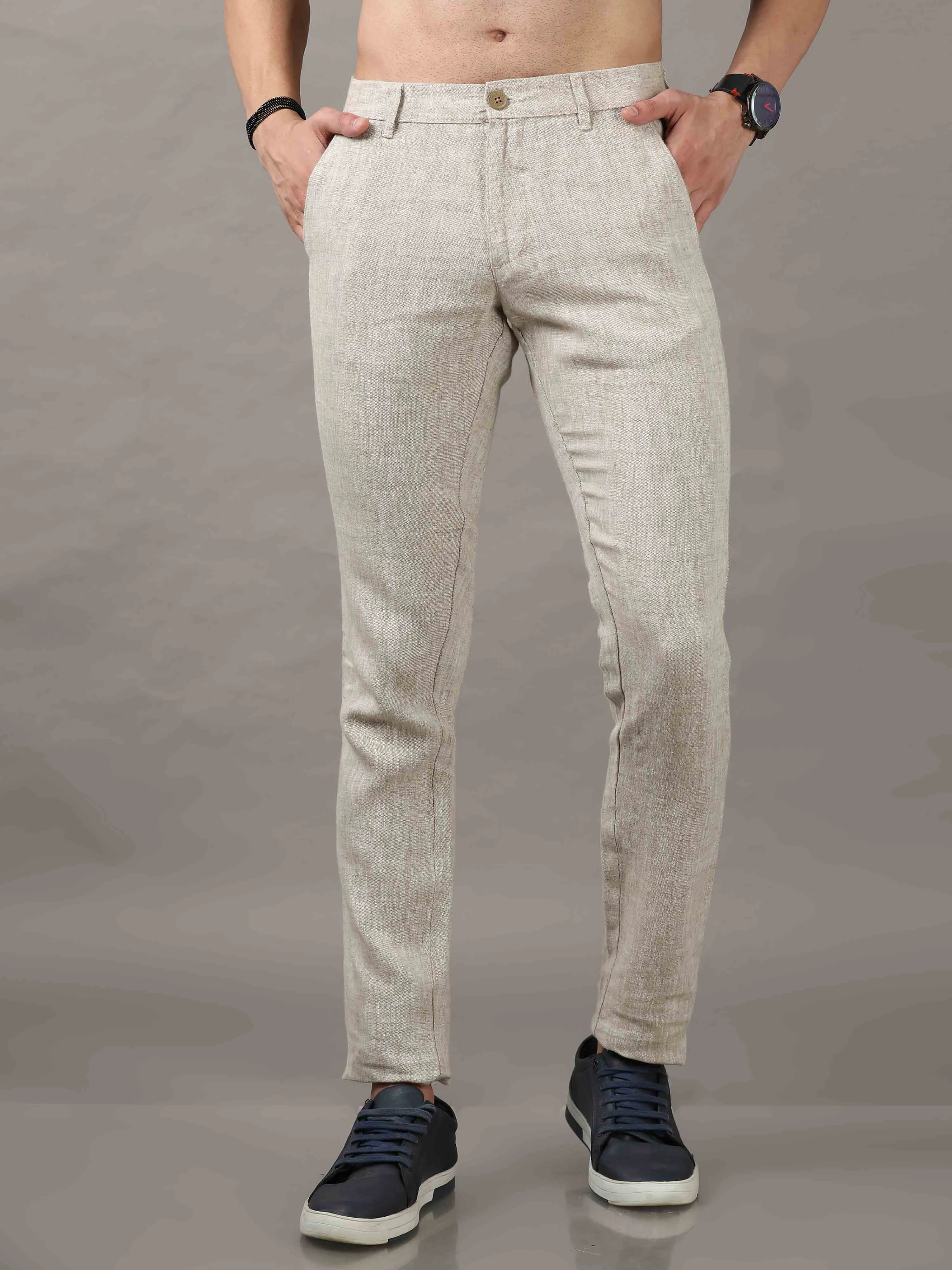 Men's Beige Narrow Fit Linen Solid Casual Trousers