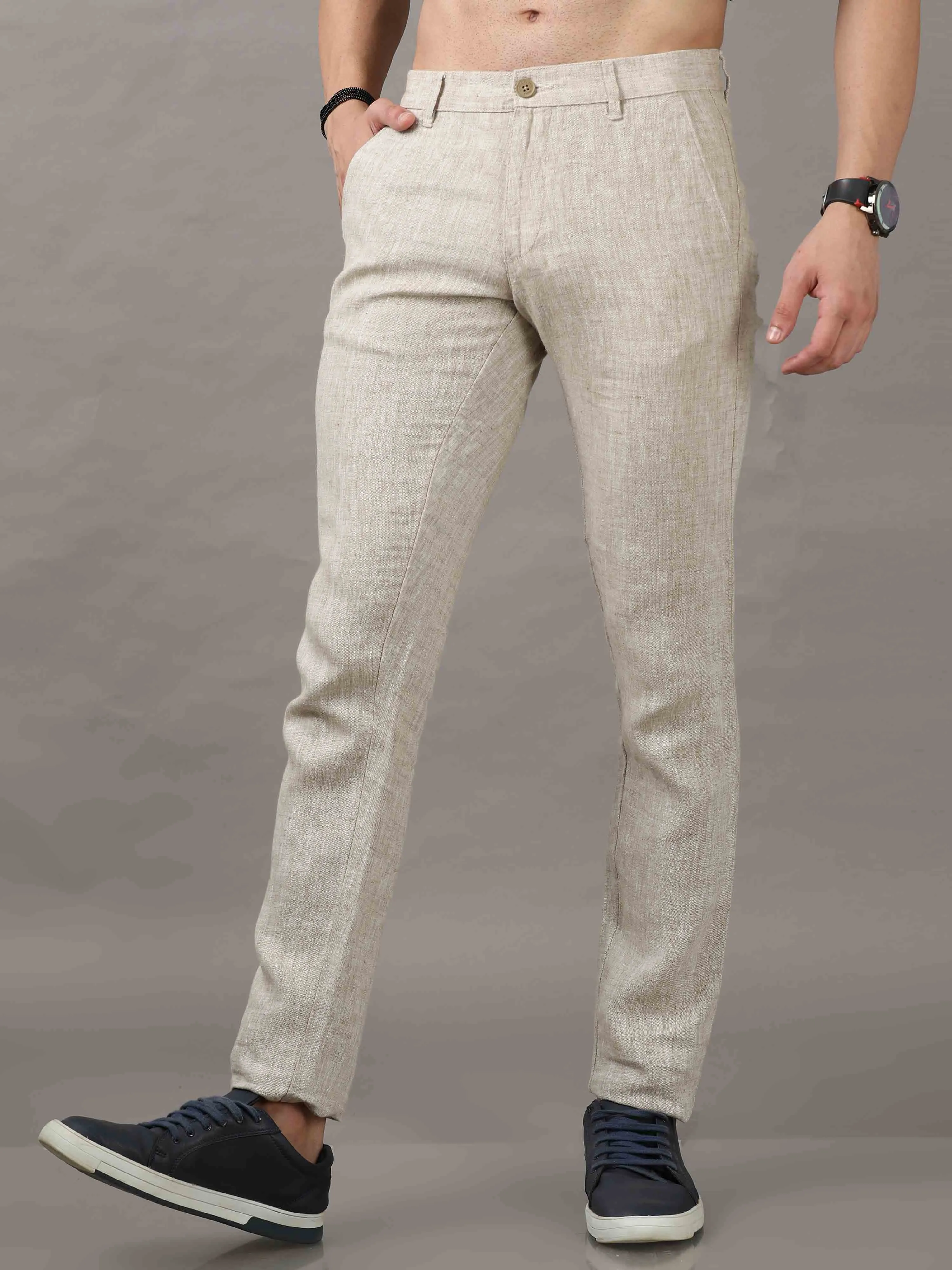 Men's Beige Narrow Fit Linen Solid Casual Trousers