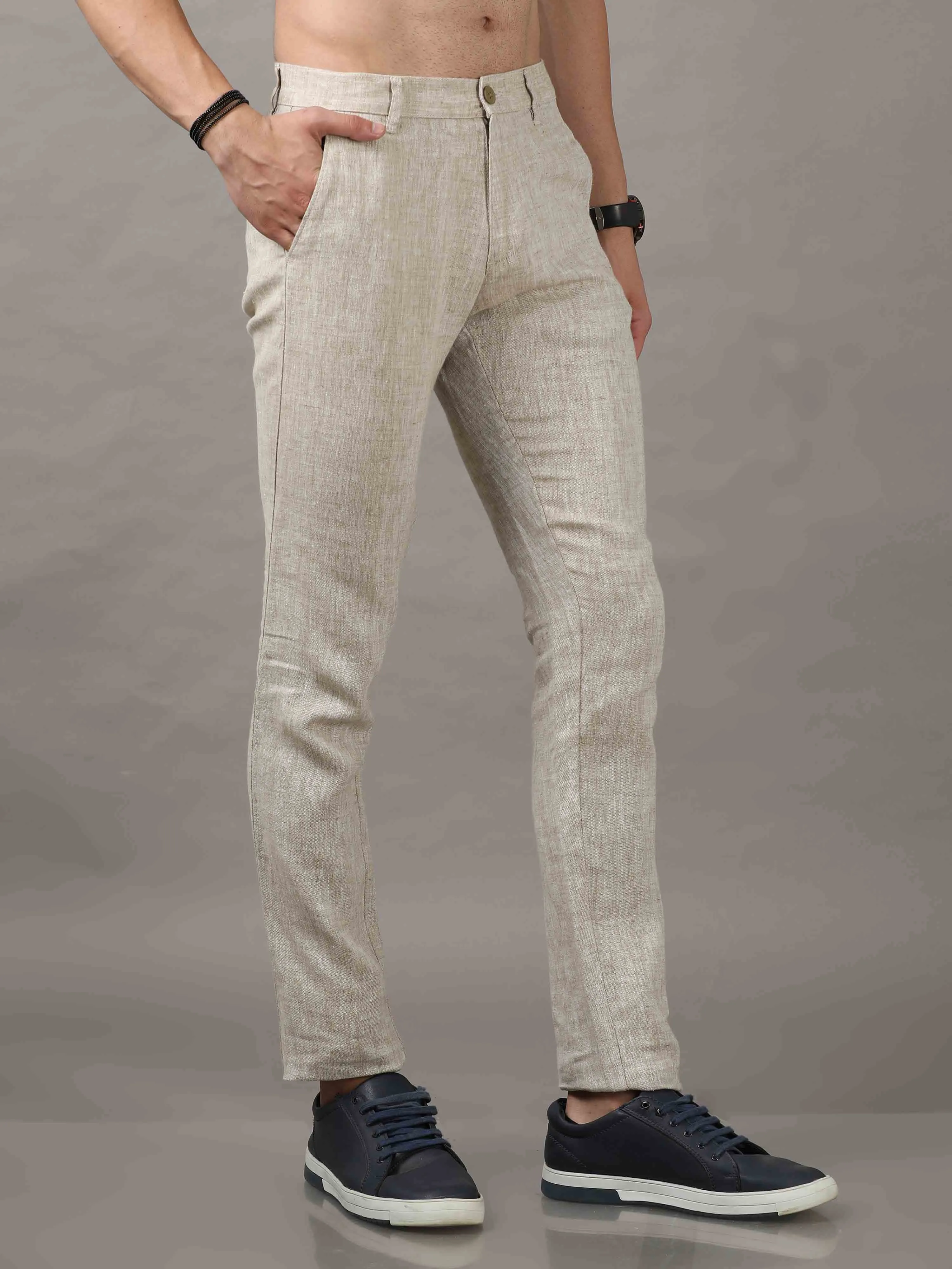 Men's Beige Narrow Fit Linen Solid Casual Trousers