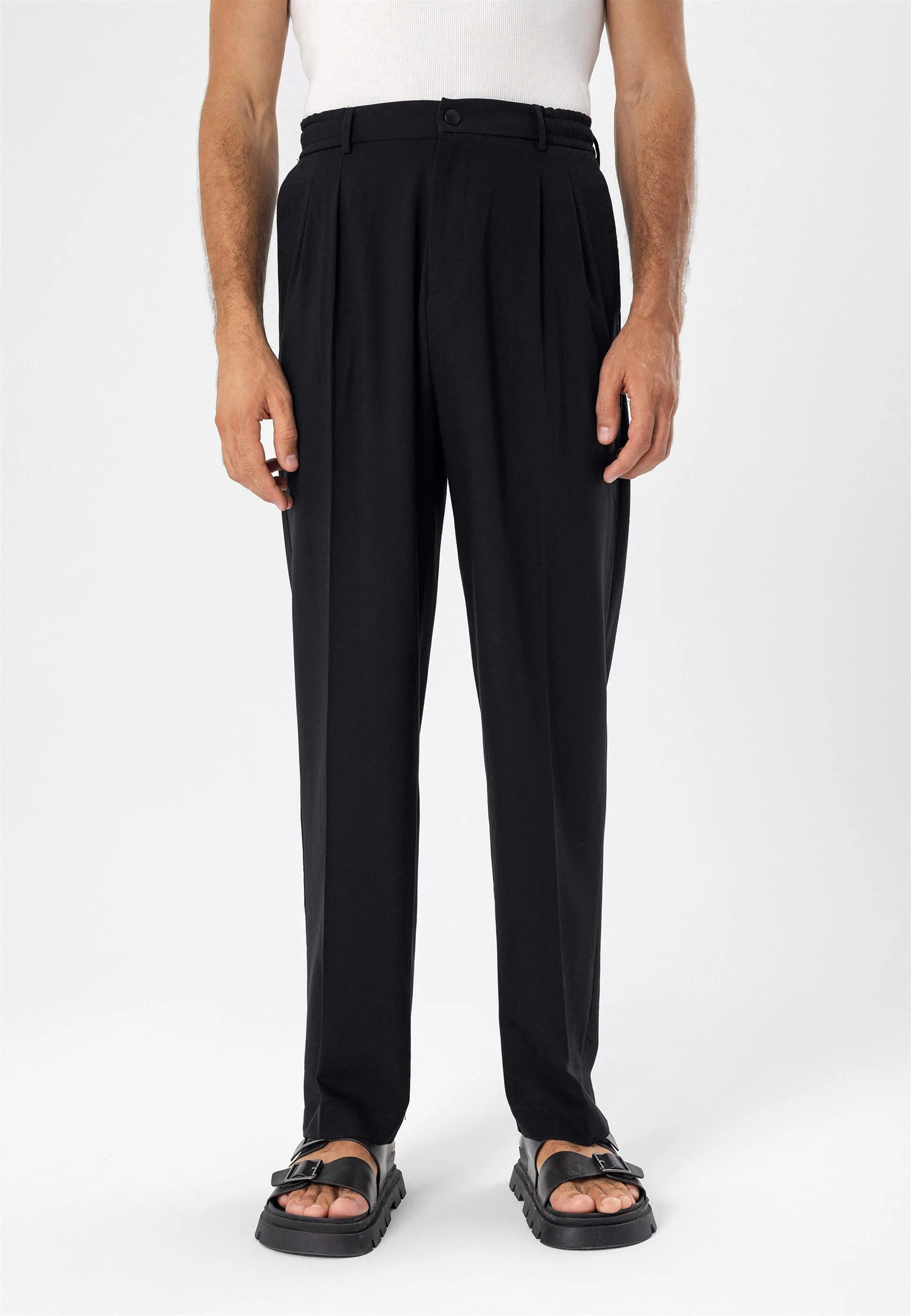 Men's Black Elastic Waist High Waist Pleated  Trousers - Wessi