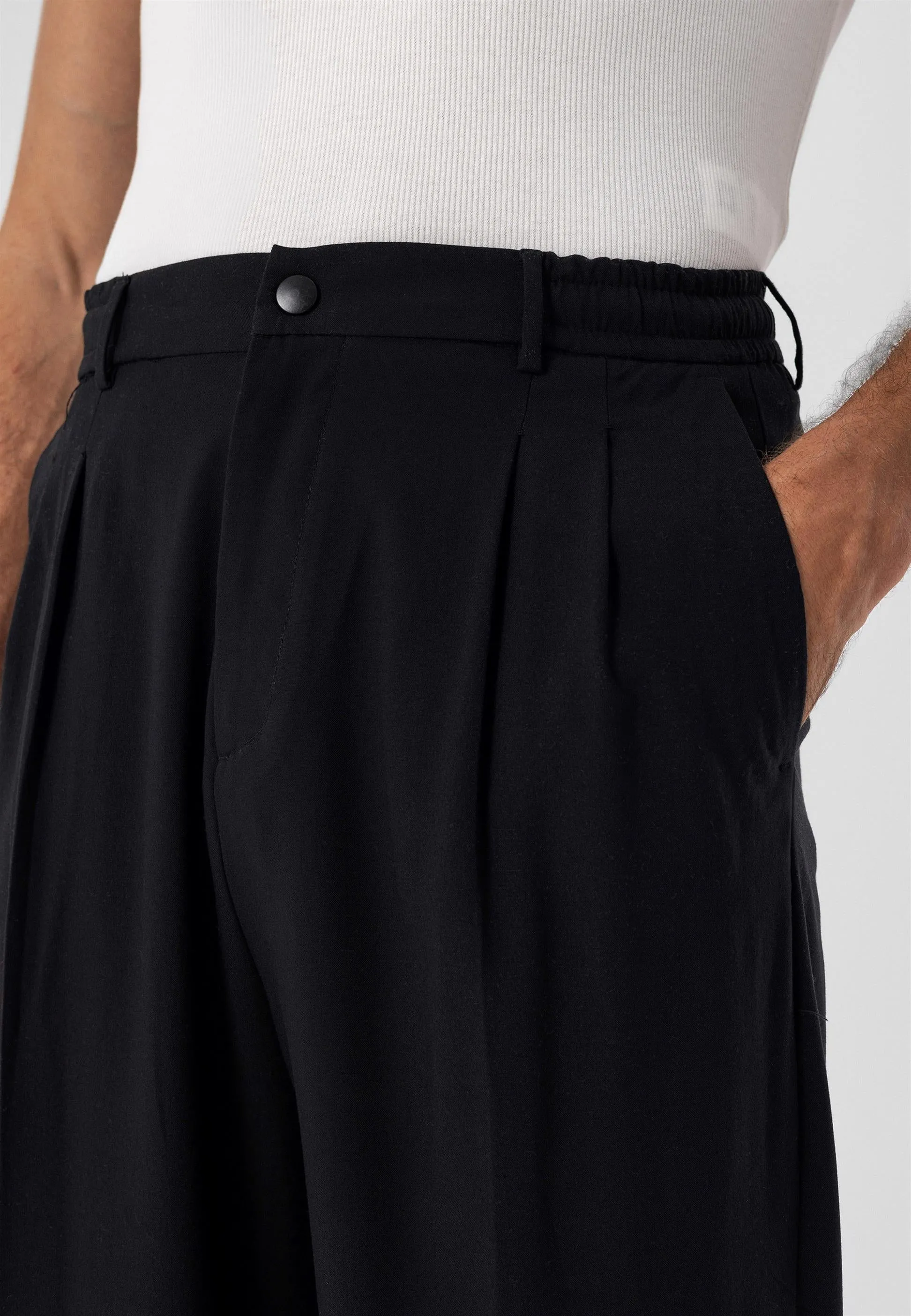 Men's Black Elastic Waist High Waist Pleated  Trousers - Wessi
