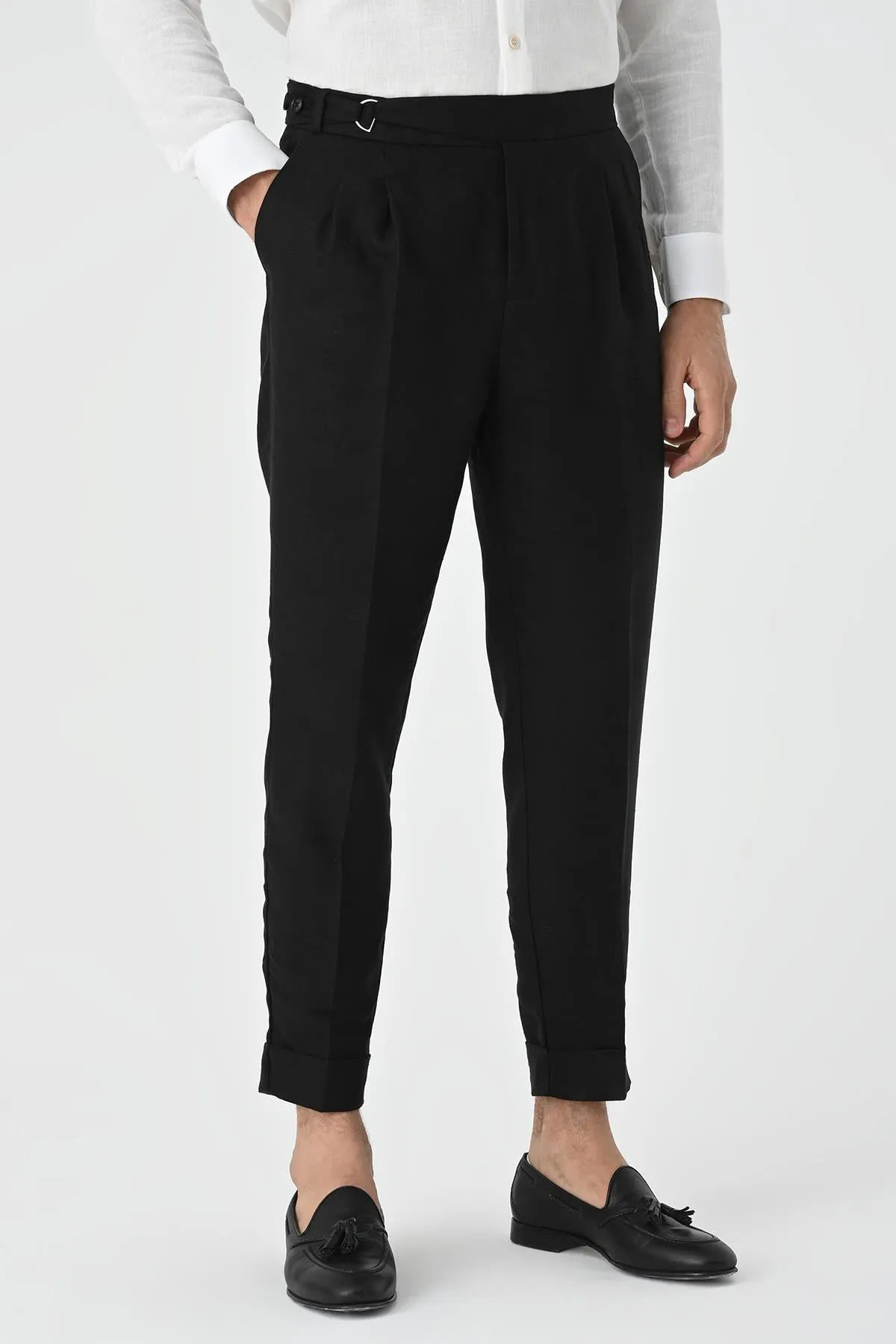 Men's Black High Waist Linen Blend Pleated  Trousers - Wessi