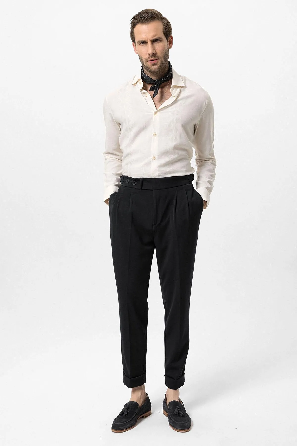 Men's Black High Waist Pleated Carrot Fit  Trousers - Wessi