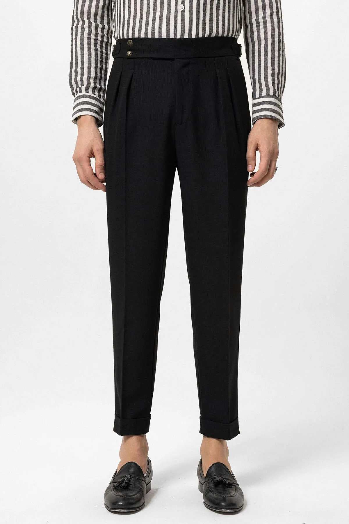 Men's Black High Waist Side Buckled Pleated Fabric Trousers - Wessi