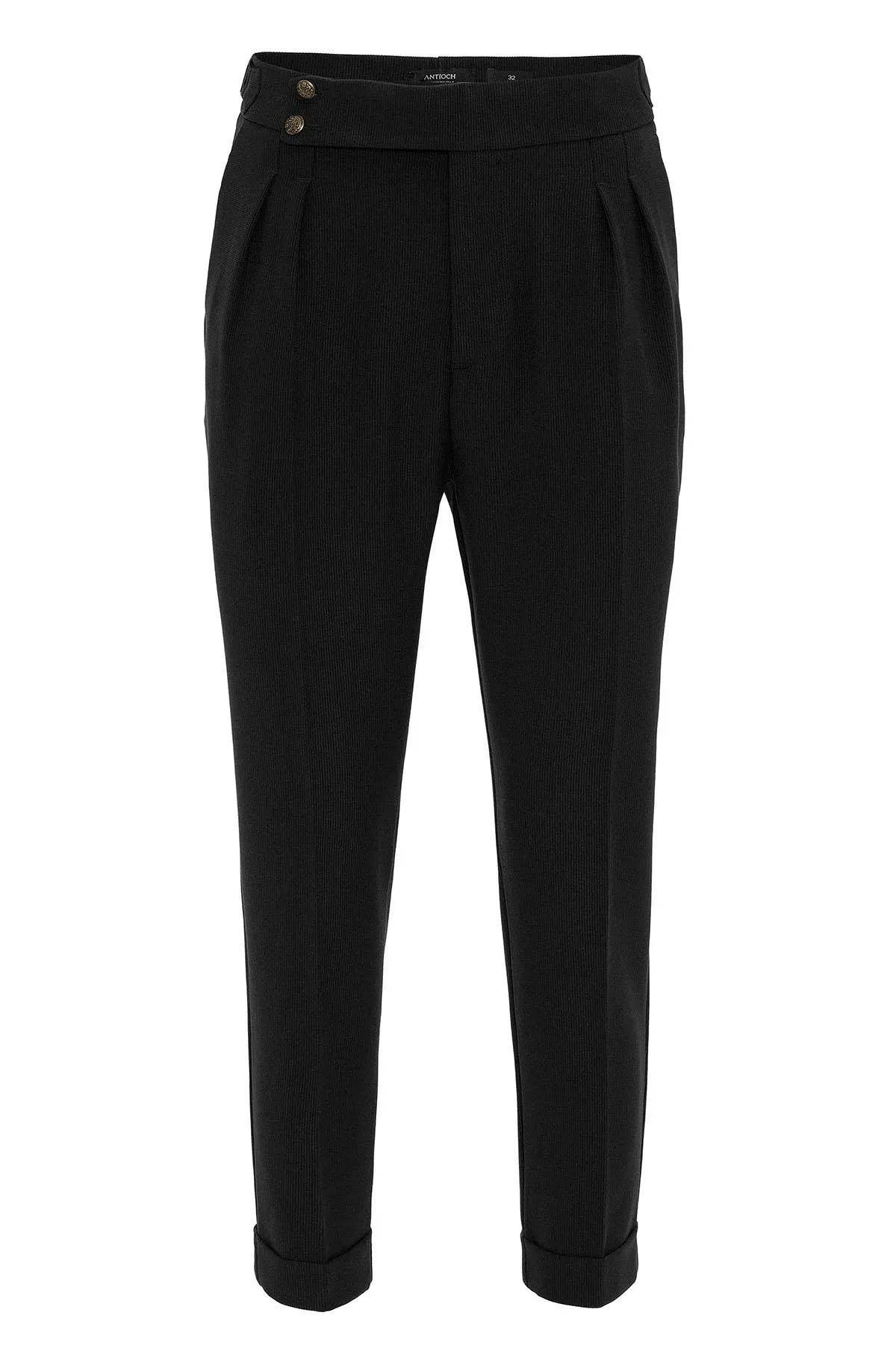 Men's Black High Waist Side Buckled Pleated Fabric Trousers - Wessi