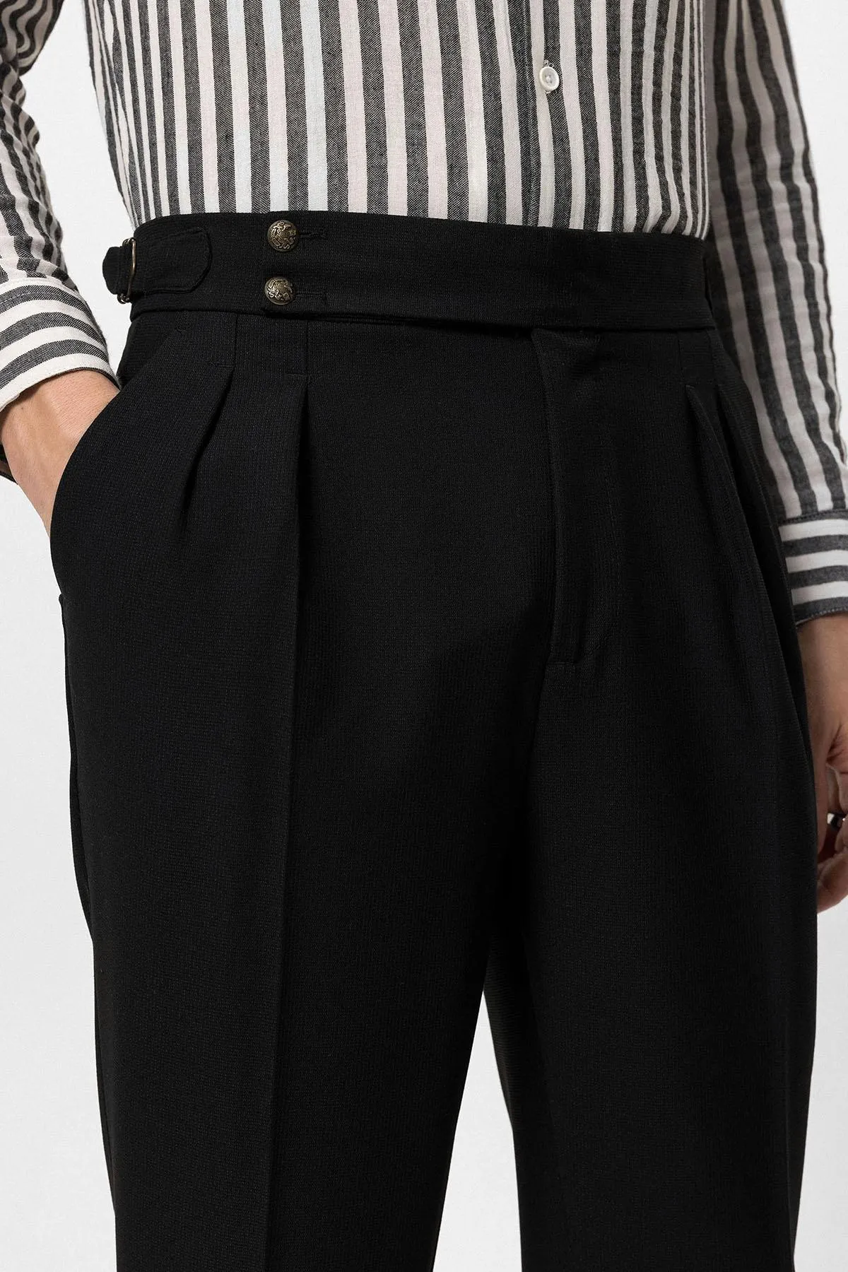 Men's Black High Waist Side Buckled Pleated Fabric Trousers - Wessi