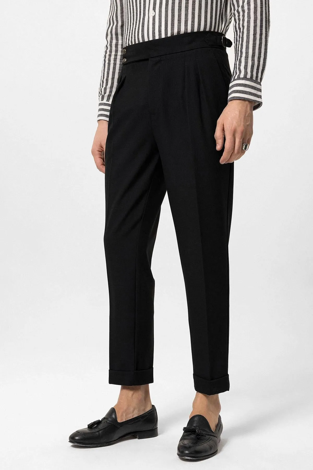 Men's Black High Waist Side Buckled Pleated Fabric Trousers - Wessi