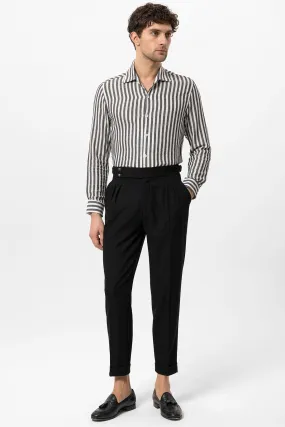 Men's Black High Waist Side Buckled Pleated Fabric Trousers - Wessi
