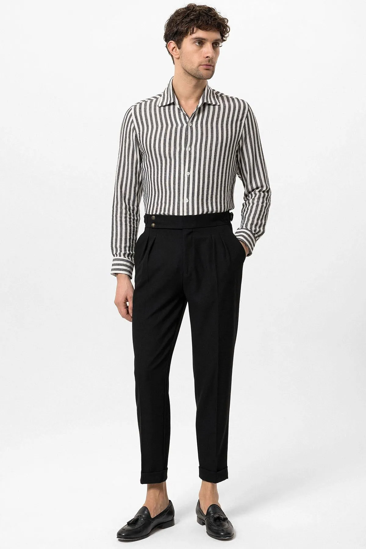 Men's Black High Waist Side Buckled Pleated Fabric Trousers - Wessi