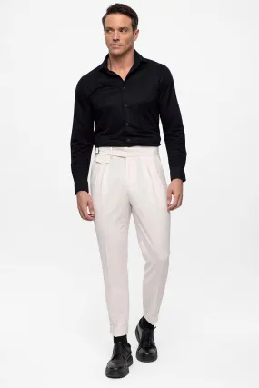 Men's Ecru High Waist (Boyfriend) Pleated Fabric Trousers With Buckle Belt - Wessi