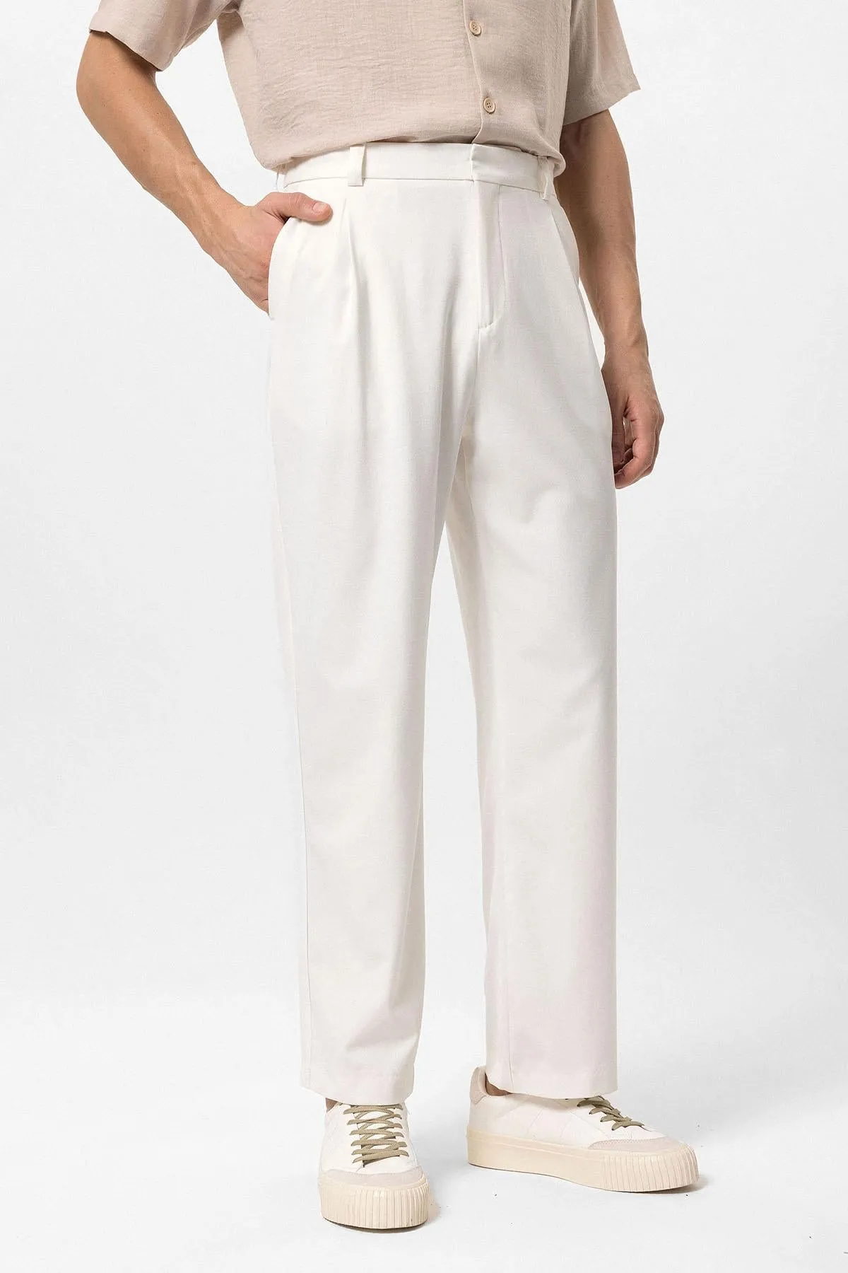 Men's Ecru High-Waisted Baggy  Pants - Wessi