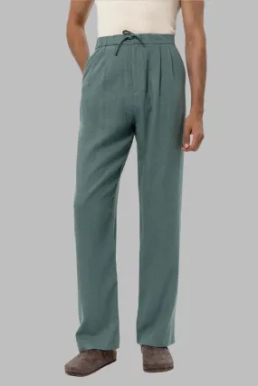 Men's Green Belted Linen Blend Pants - Wessi