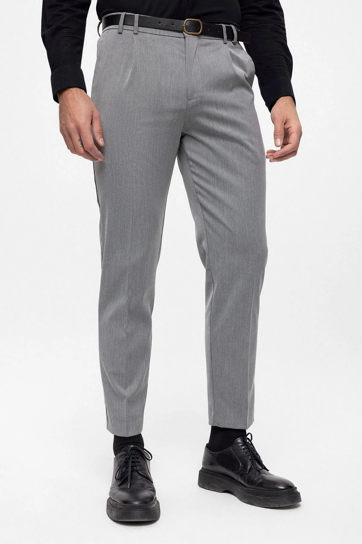 Men's Grey Belted High Waist  Trousers - Wessi