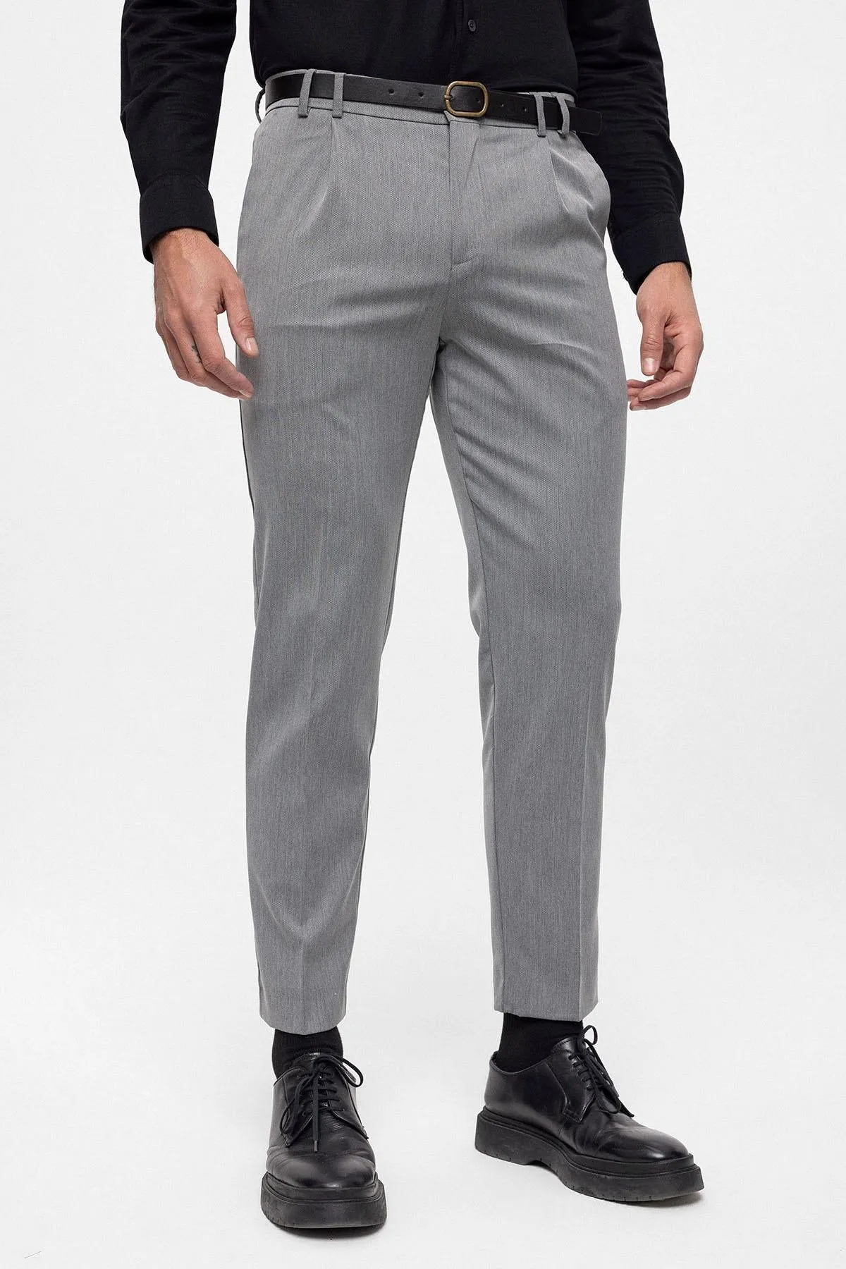 Men's Grey Belted High Waist  Trousers - Wessi