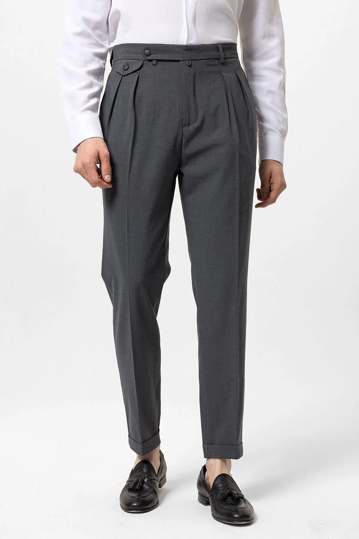 Men's Grey Pleated High-Waisted  Pants - Wessi