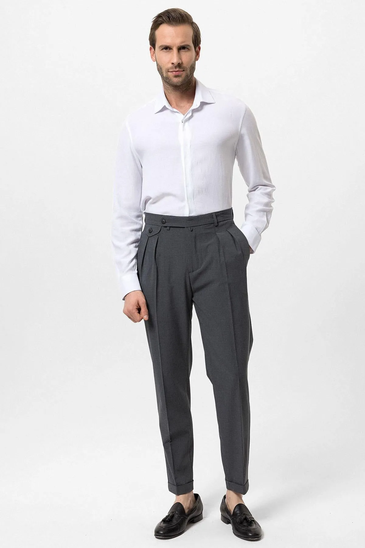 Men's Grey Pleated High-Waisted  Pants - Wessi