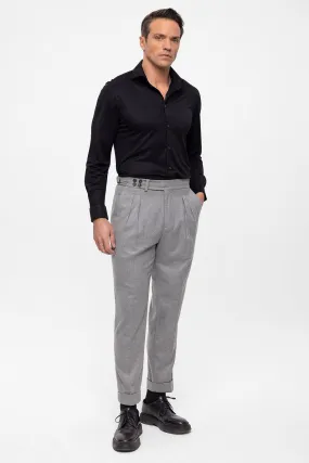 Men's Grey Wool Look High Waist Pleated Pants - Wessi