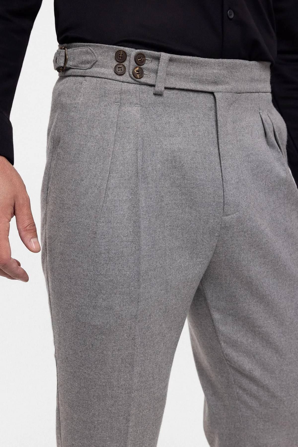 Men's Grey Wool Look High Waist Pleated Pants - Wessi