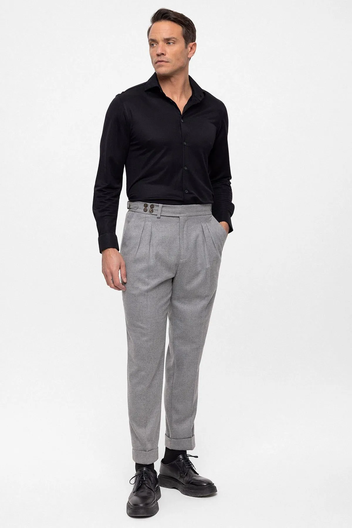 Men's Grey Wool Look High Waist Pleated Pants - Wessi
