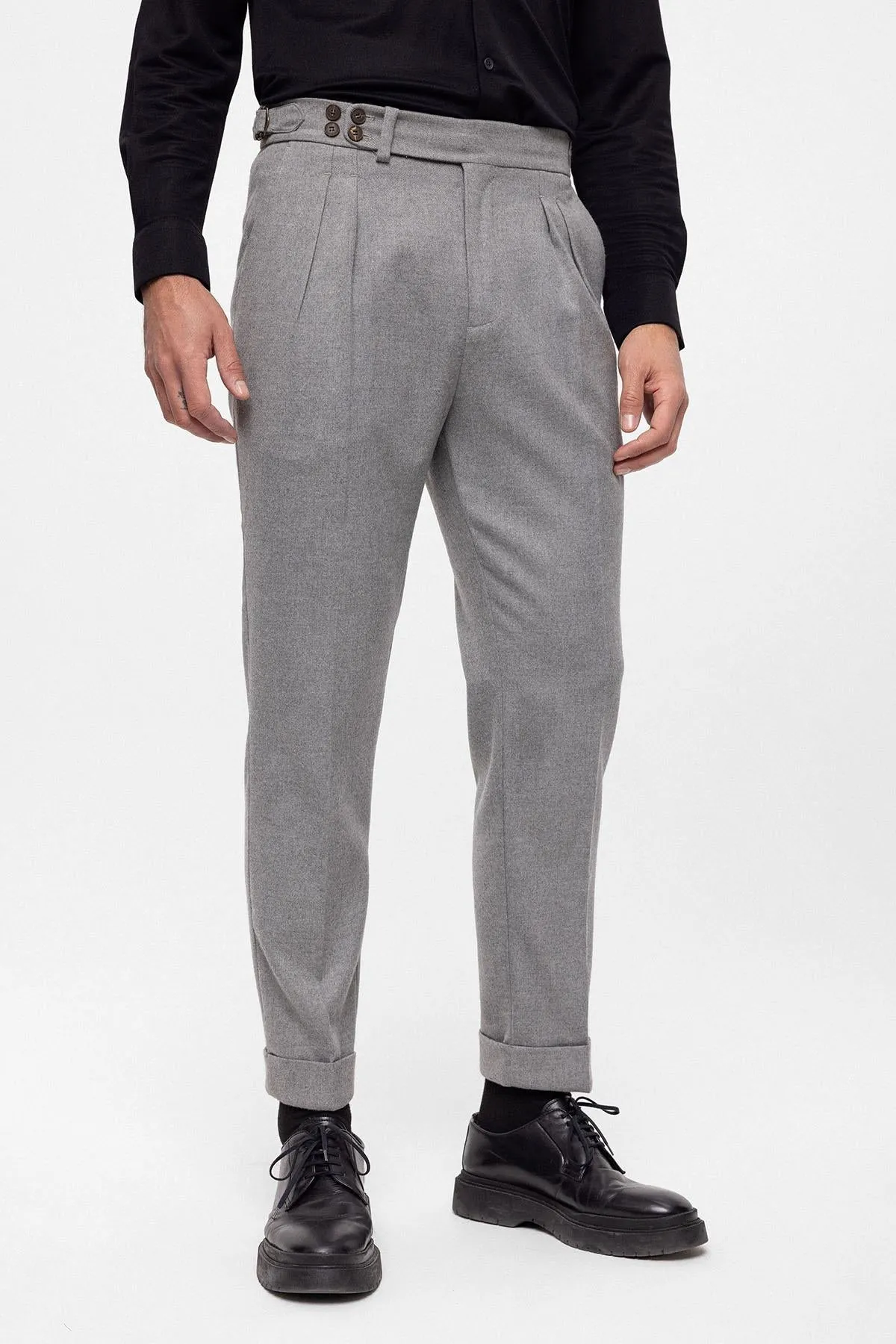 Men's Grey Wool Look High Waist Pleated Pants - Wessi