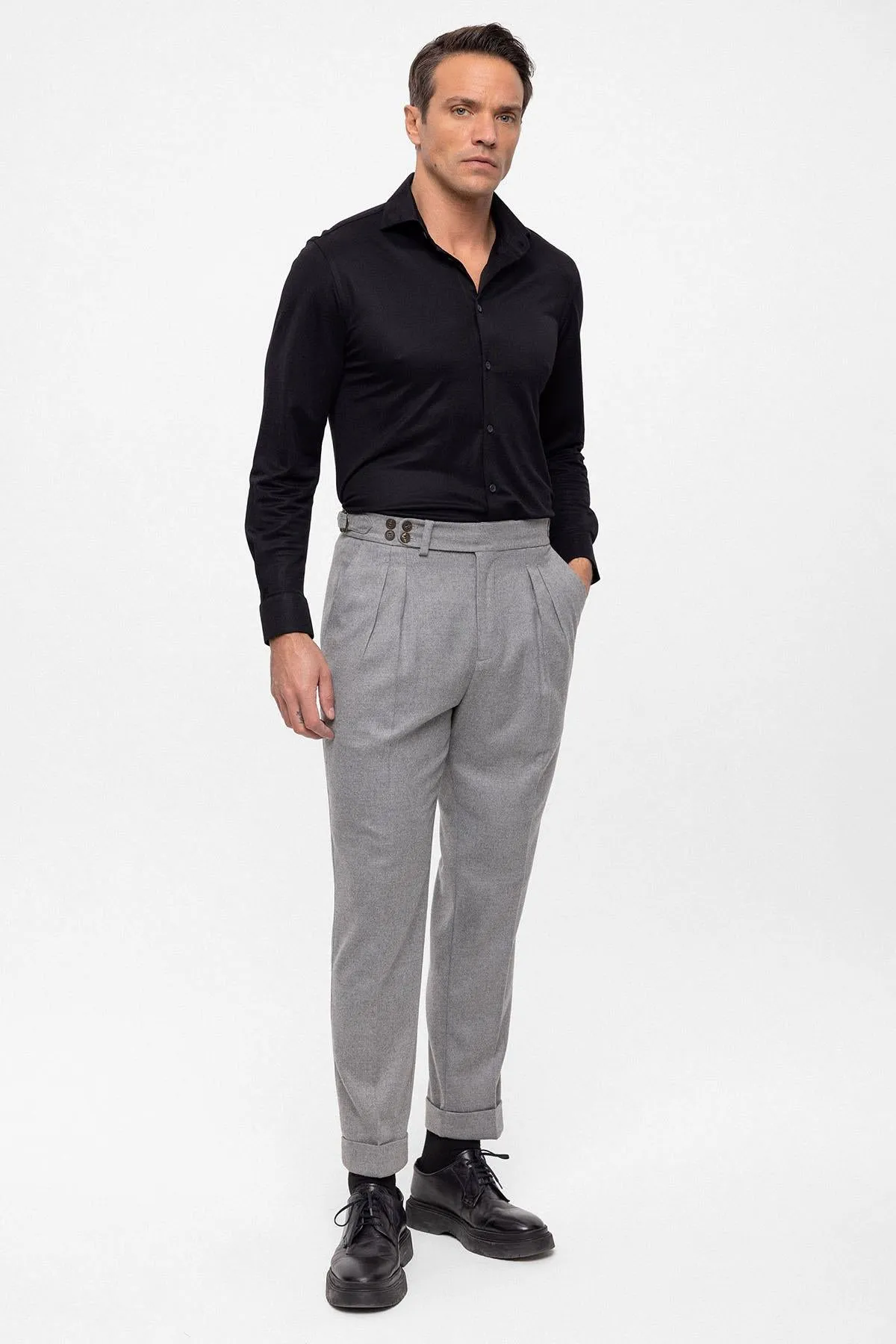 Men's Grey Wool Look High Waist Pleated Pants - Wessi