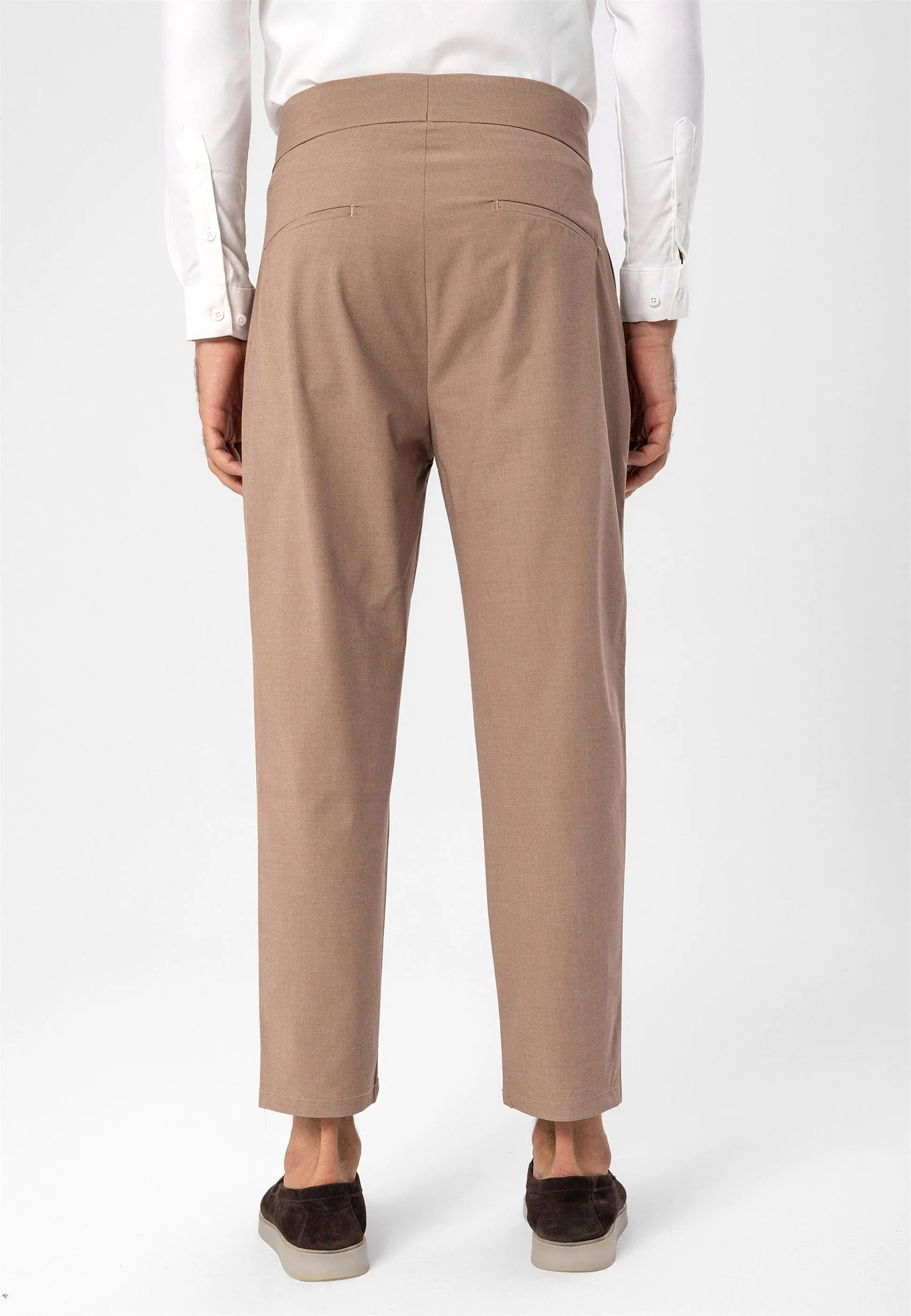 Men's Light Brown High Waist Buckle Belt Pleated Fabric Trousers - Wessi