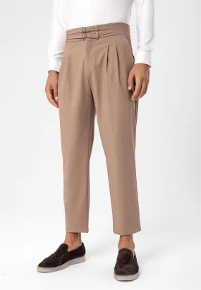Men's Light Brown High Waist Buckle Belt Pleated Fabric Trousers - Wessi