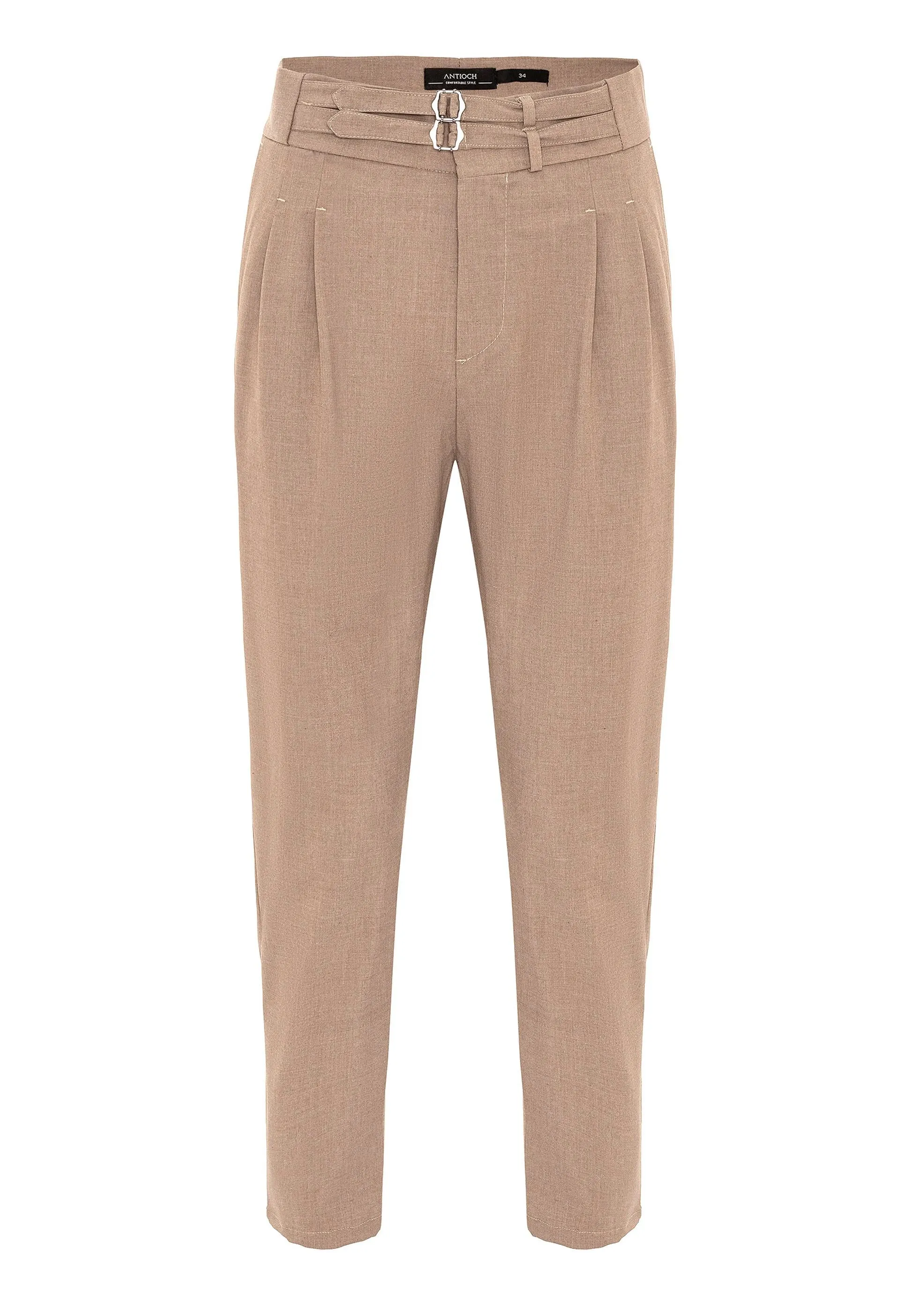 Men's Light Brown High Waist Buckle Belt Pleated Fabric Trousers - Wessi