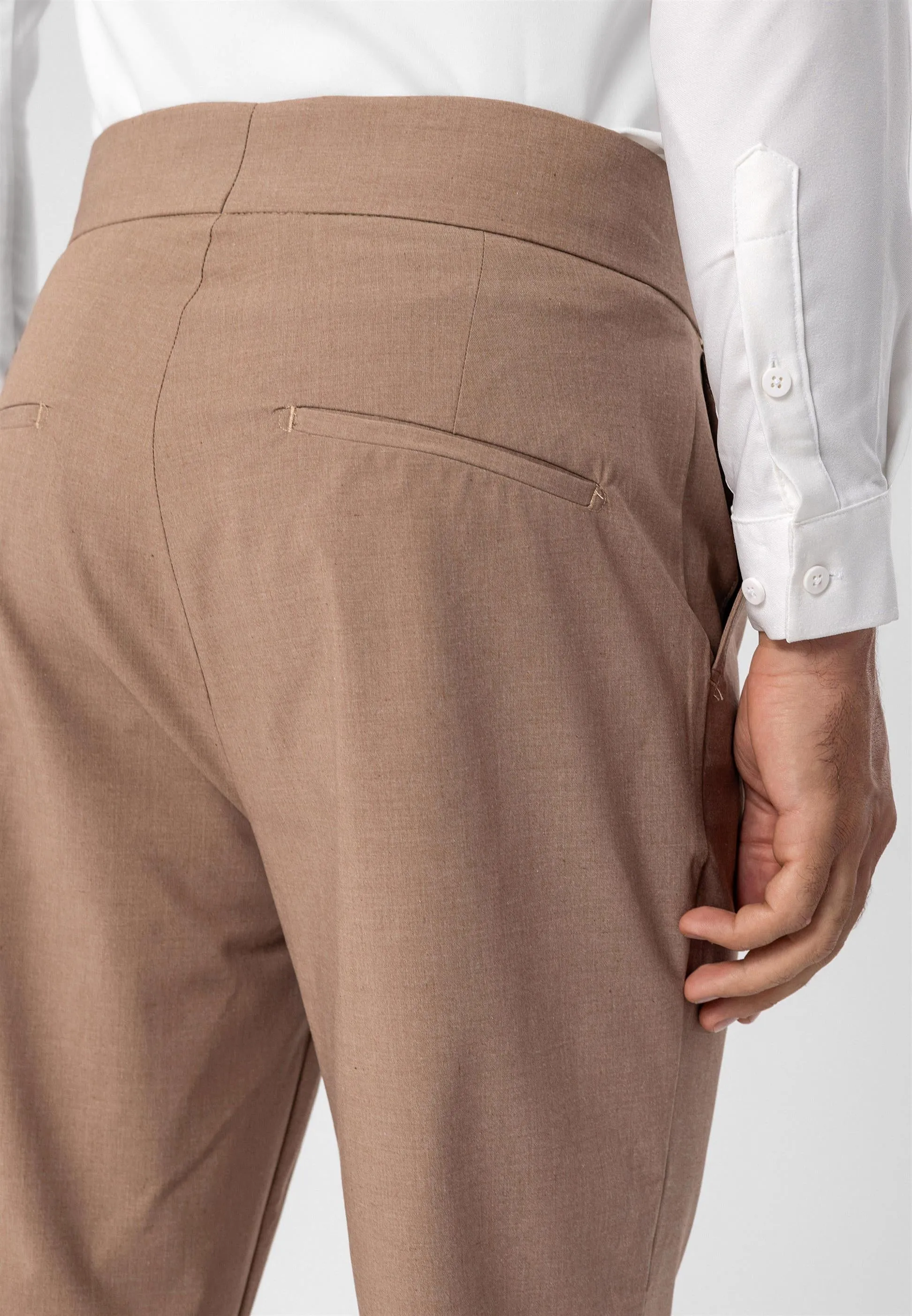 Men's Light Brown High Waist Buckle Belt Pleated Fabric Trousers - Wessi