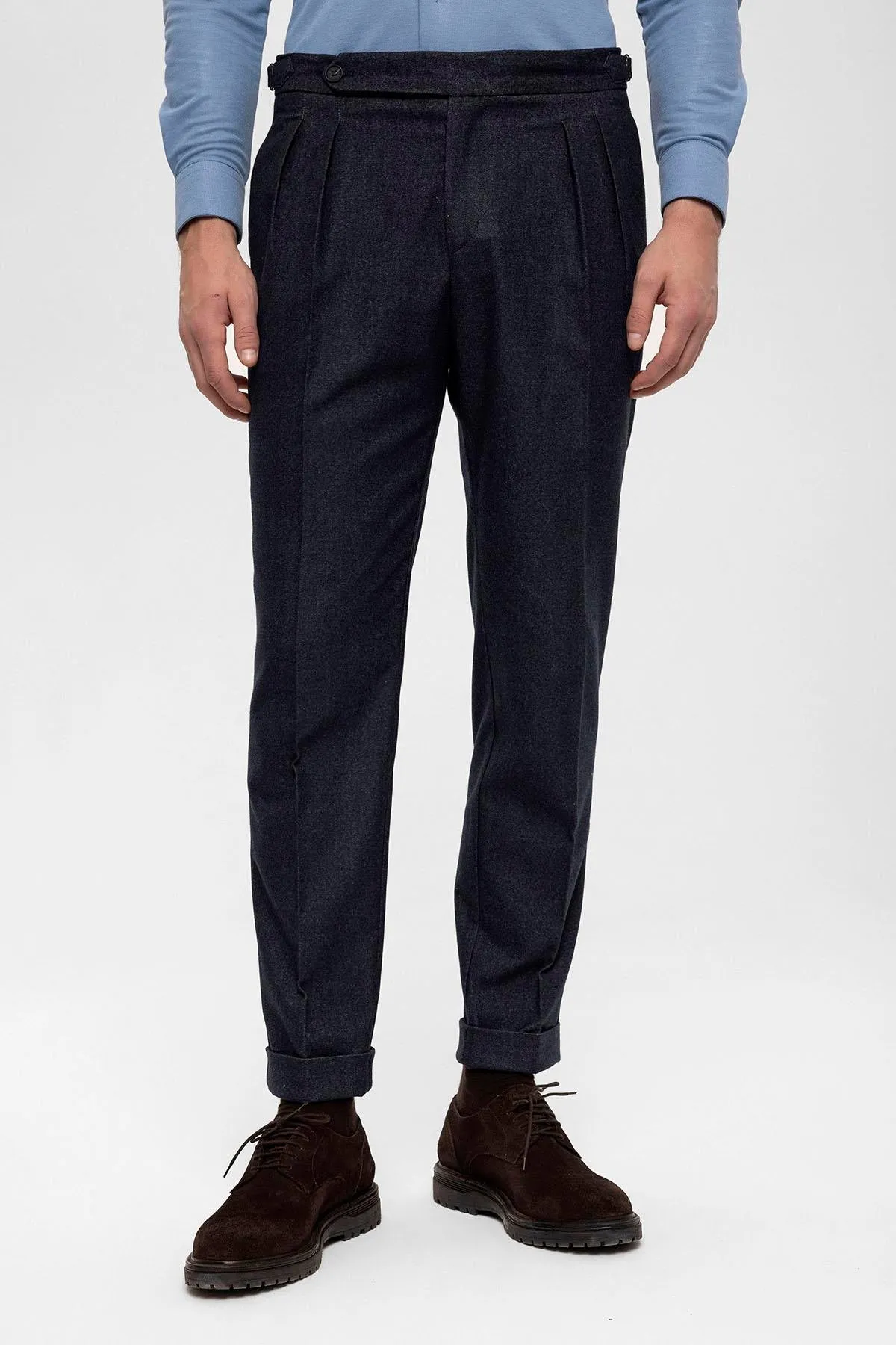 Men's Navy Blue High Waist Double Pleated  Trousers - Wessi